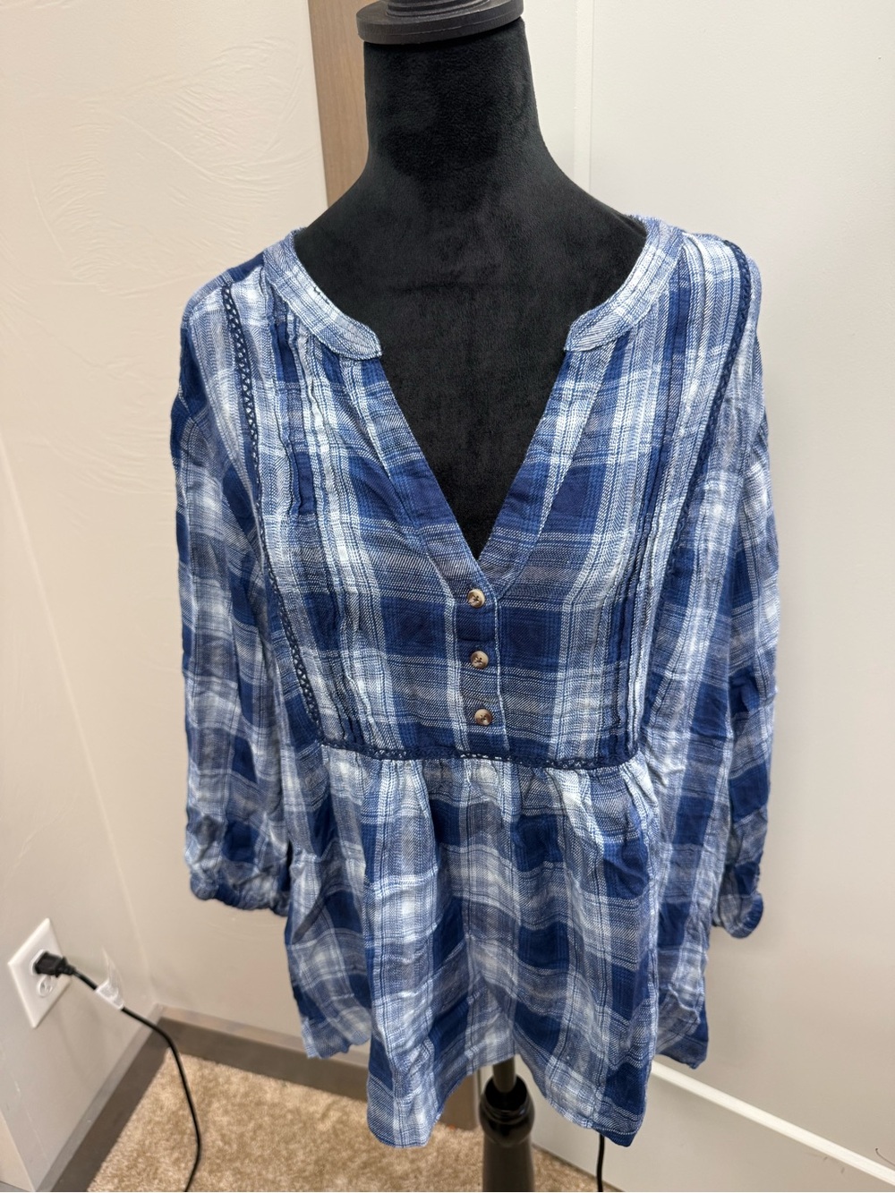 Wrangler Babydoll Plaid Blue White Western Shirt Popover V-Neck Flannel XXL‎